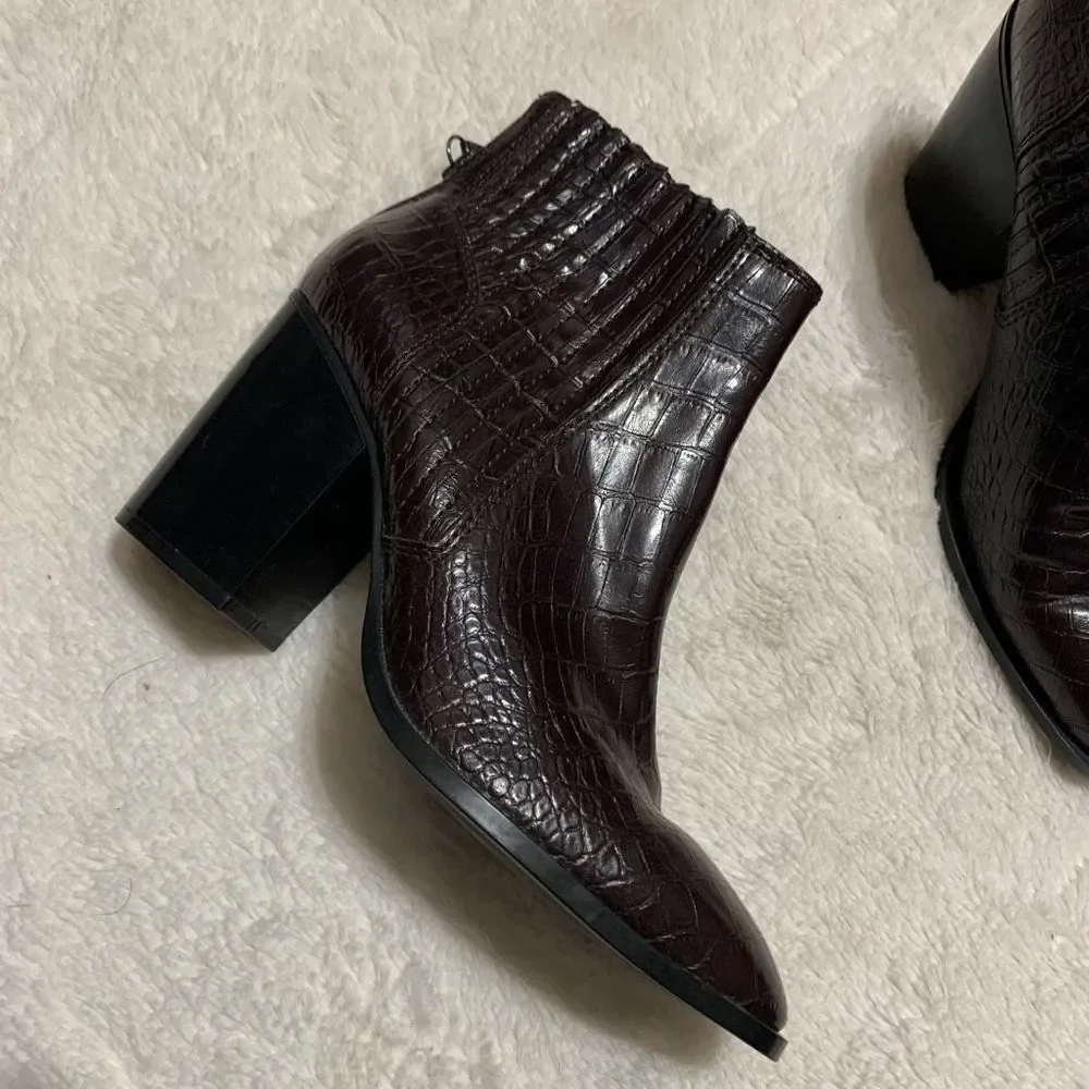 Zara Burgundy Brown Embossed Animal Print Ankle Boots Booties - Picture 3 of 6